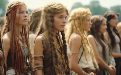 A wild and free-spirited group of women with braids, embodying a cinematic and native essence, stand outdoors in a crowd with their flowing hair and colorful hippy clothing, exuding strength and indi - obrazy, fototapety, plakaty