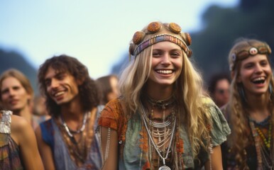 A vibrant and carefree woman, surrounded by a group of free-spirited individuals at a native festival, stands confidently with a beaming smile against a cinematic sky backdrop, showcasing their eclec