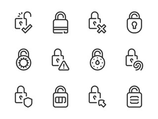 Lock and Padlock vector line icons. Login and Access outline icon set. Unlock, Open, Safeguard, Password, Protection and more.