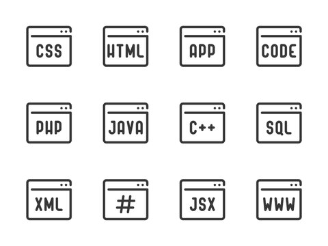 Frontend Development and Website Layout vector line icons. Programming Languages outline icon set. Php, Css, Html, Software Java, Coding, and more.
