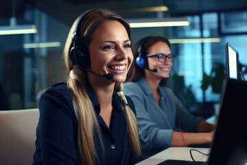 Portrait of a call center worker accompanied by her team. Smiling customer support operator at work. - obrazy, fototapety, plakaty