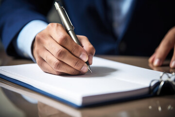 Businessman hand writing in a notebook with a pen