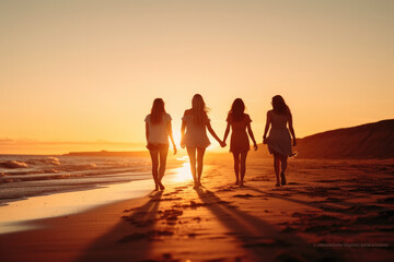 Fototapeta na wymiar Happy friends having fun enjoying walk along beach, sunset