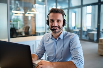 Naklejka premium happy male working call center on headset with texting and writing at the modern office