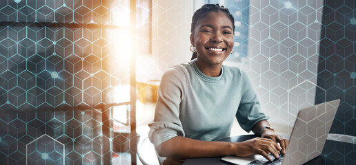 Portrait, business or black woman with laptop, banner and startup with connection, career or search...