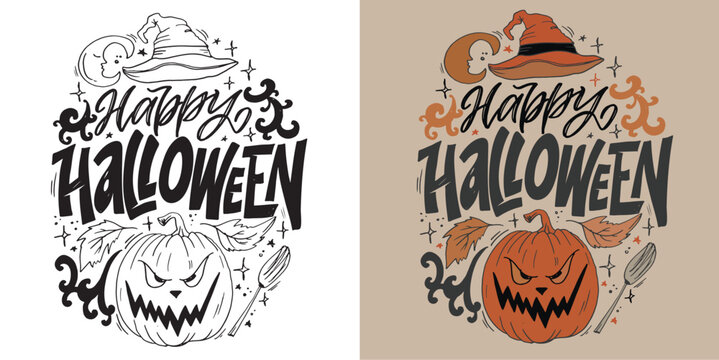 Happy halloween - cute hand drawn doodle lettering label. Halloween party - Trick or Treat. Lettering art for poster, web, banner, t-shirt design.