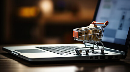 E-Commerce Concept Online Business with Shopping Cart and Laptop Model