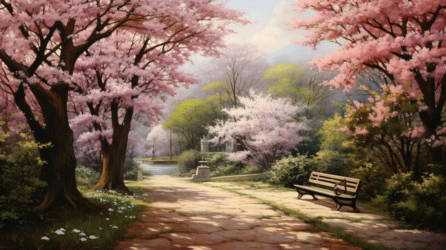 A painting of a path in a park