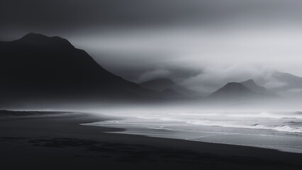 Tranquil misty coastal landscape with panoramic ocean, hill, and mountain views. Black and white nature background.