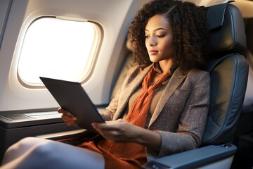 african american woman working inside airplane using digital tablet or laptop