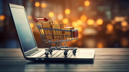 E-Commerce Concept Online Business with Shopping Cart and Laptop Model