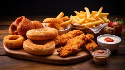 fast food meals : onion rings, french fries, chicken nuggets and fried chicken on wooden table