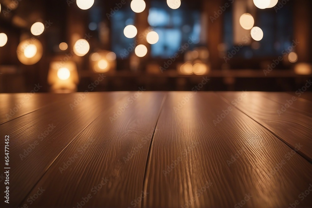 Aufkleber empty wooden table in a bar cafe with bokeh lights on a blurred background