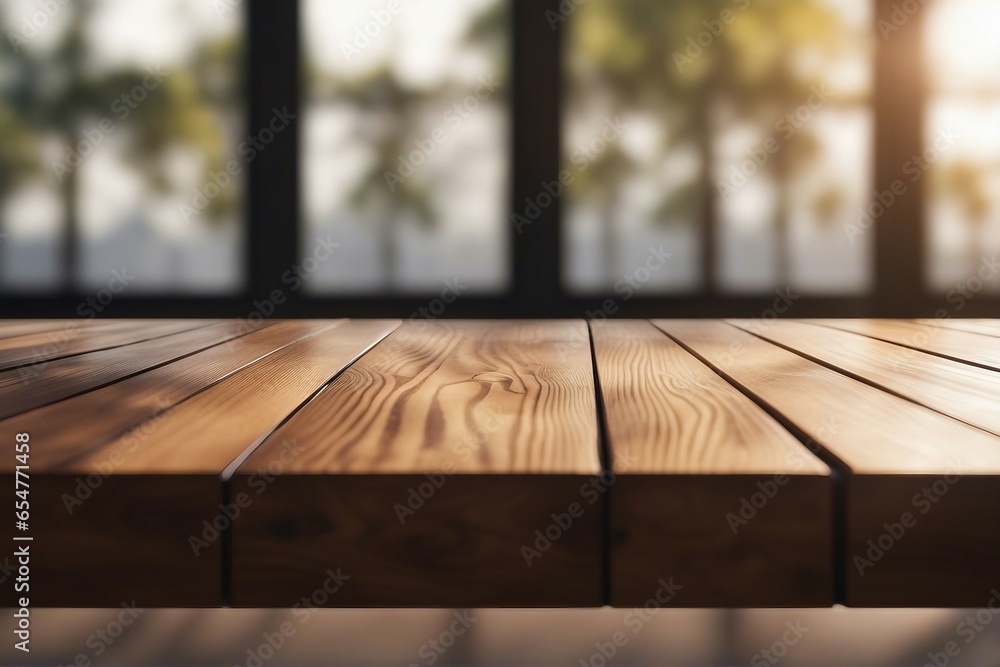 Poster soft sunlit ambiance - empty wooden table by a large window with a blurred background, ideal for pro