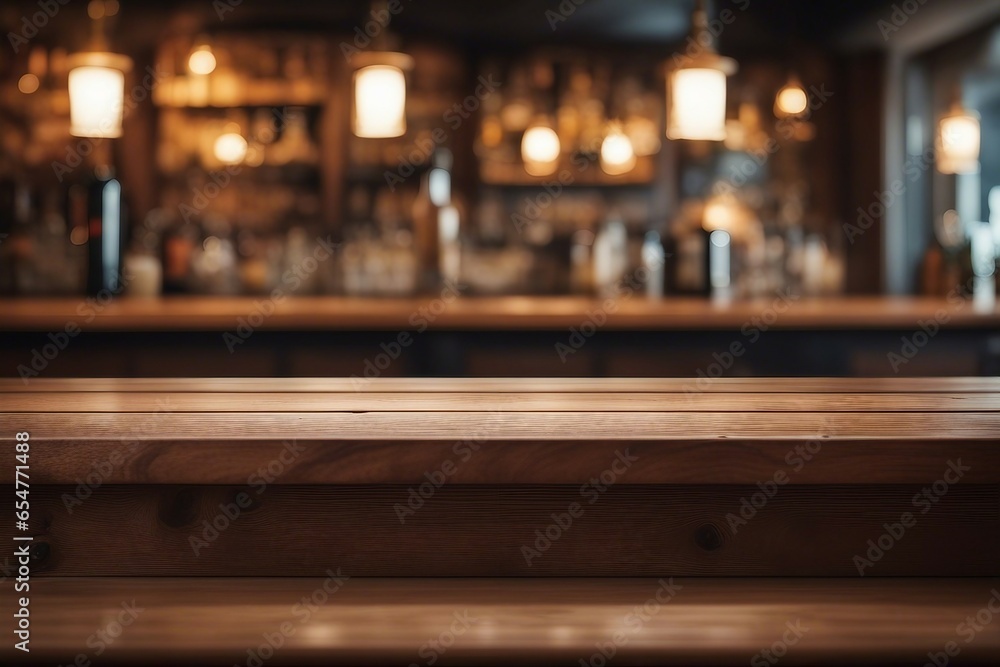 Poster empty wooden table rustic and blurred background of bar or pub. for product display. high quality ph