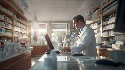 Scenes such as a pharmacist preparing medicine in a pharmacy or talking to customers. Generative AI