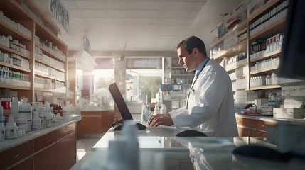 Papier Peint photo Pharmacie Scenes such as a pharmacist preparing medicine in a pharmacy or talking to customers. Generative AI