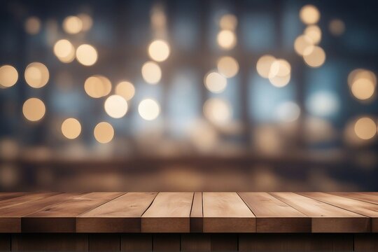 Rustic Charm - Empty Wooden Table with Bokeh Light Background, Perfect for Showcasing Your Products in High-Quality Photography