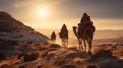 Fototapeten a group of camels walked through the desert sand © Avalga
