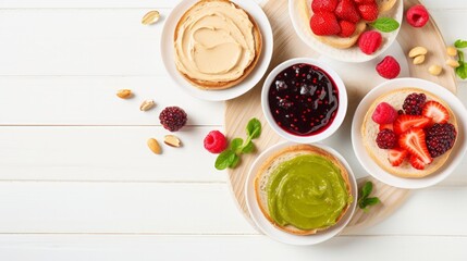 Plate of sandwiches with peanut butter, jam and fresh fruits on white wooden background from top view