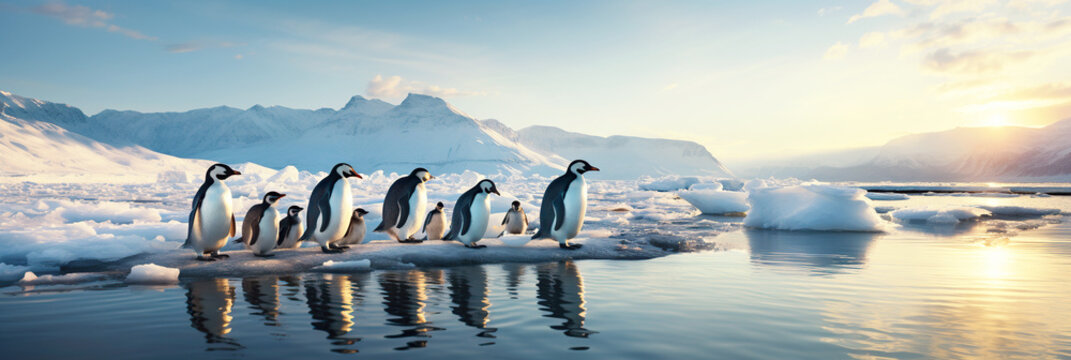 group colony family of penguins on ice floe in ocean water in winter
