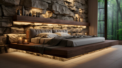 Fototapeta na wymiar Interior of modern bedroom with stone wall and wooden bed 3D rendering