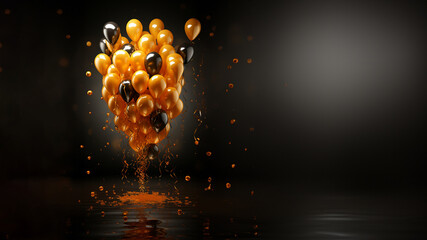 Luftballons orange zu Halloween Jubiläum und Geburtstag im schönen Gold Bokeh dekoriert Querformat für Banner  - obrazy, fototapety, plakaty
