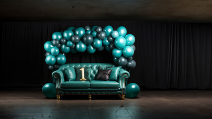 Couch mit Luftballons in türkis zum Jubiläum und Geburtstag dekoriert Querformat für Banner  - obrazy, fototapety, plakaty