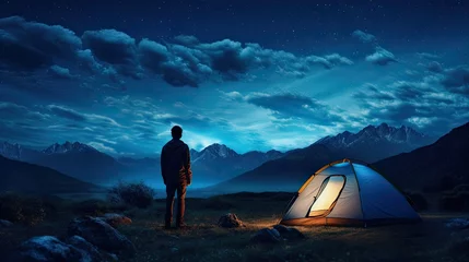 Poster Im Rahmen Night sky with stars and a silhouette of a standing happy man with blue light. Space background - travel people concept - free camping and outdoor adventure - discover the world lifestyle © BOMB8