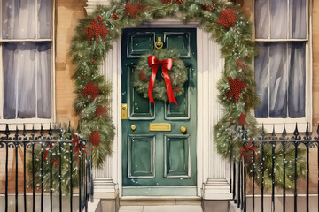 Decorated front door with Christmas tree and decorations - obrazy, fototapety, plakaty