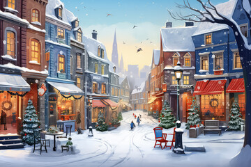 Lovely streets of the medieval city, decorated for Christmas - obrazy, fototapety, plakaty