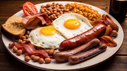 English Breakfast with two eggs, sausage, bacon, toasts and vegetables, red beans on a black plate top view isolated on white background