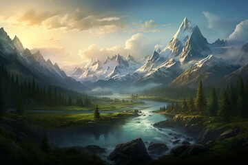 A serene fusion of mountains and forests at sunrise reveals a powerful expression of Mother Nature. Generative AI