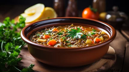 Poster Homemade vegan lentil soup with vegetables and cilantro, white wooden background, top view. Indian vegetarian cuisine. © Shahla