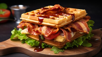 A waffle sandwich filled with crispy bacon, tender chicken, and a fresh salad.