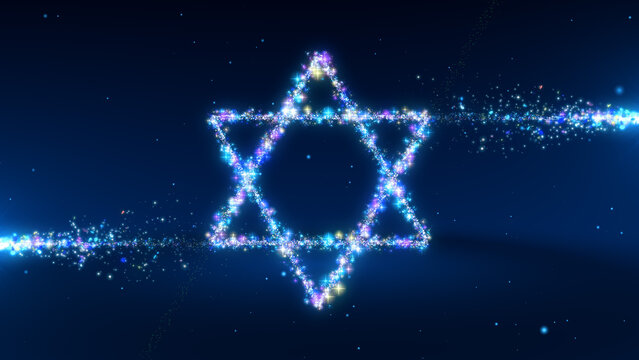 Abstract Blue Colorful Glitter Stars Magic Light Trails Forming Star Of David Judaism Symbol On Dark Shiny Blue Floored Space Background