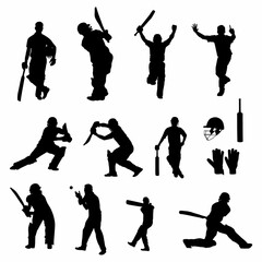 Silhouettes of Cricket players. Batsman hitting different shot in various tournament and leagues. Bats, gloves, stump, cricket ball, pads, abdomen guard. World cup, T20 league, Test match. 
