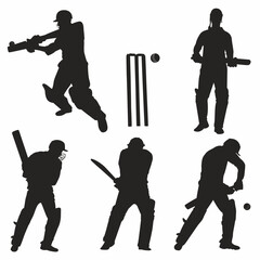 Silhouettes of Cricket players. Batsman hitting different shot in various tournament and leagues. Bats, gloves, stump, cricket ball, pads, abdomen guard. World cup, T20 league, Test match.  - obrazy, fototapety, plakaty