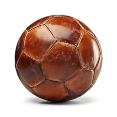 Vintage soccer ball used leather isolated on white. Generated AI illustration. Retro sports concept