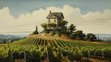 A painting of a vineyard with a house