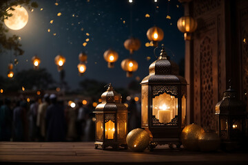 Happy Eid UL Fitr or Eid UL Adha  poster with a background of lanterns moon and clouds, 3d rendering