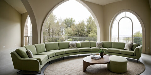 Curved sofa in the glorious green room with arch design - obrazy, fototapety, plakaty