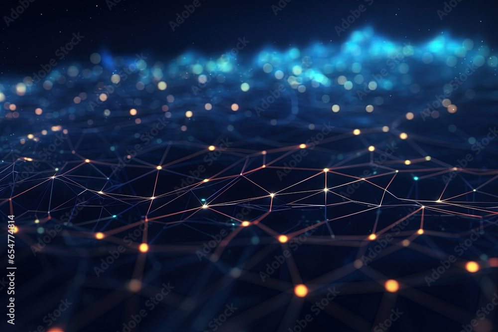 Poster illustration of cyber data flow in a blockchain network, concept of ai and digital connectivity