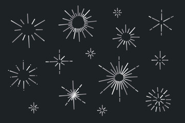 Clipart set of cute minimalistic gradient sunbursts. Doodle hand drawn silver sparkle, star and sun designs, rounded illustrations.