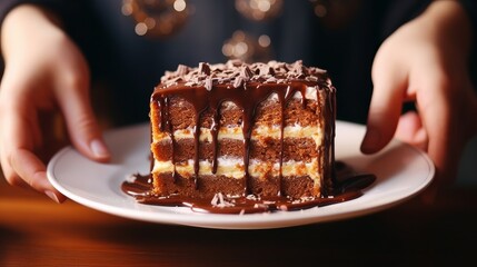 Caramel cake with chocolate sprinkles. Woman hands serving cake or dessert dish.