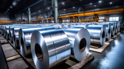 Galvanized steel coil in steel plant in factory building - obrazy, fototapety, plakaty