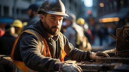 A determined construction worker operating heavy machinery on a bustling construction site, helping to build the city's skyline.