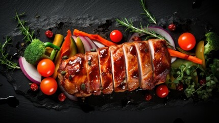 Delicious BBQ Pork Loin with spicy sauce and vegetables on a black stone board. Top view. Old rustic wooden background