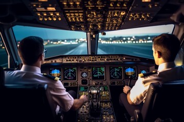 Inside cockpit on ground at an airport, both pilots are operating the airplane moving to the runway. Generative AI 