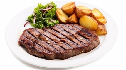 Top-down view of a plate featuring a grilled beef steak alongside potatoes, with a white background for isolation.